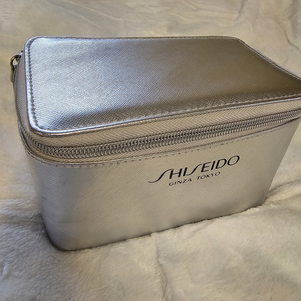 Shiseido Silver Faux Leather Makeup Bag with Zipper Cosmetic Case Ginza Tokyo